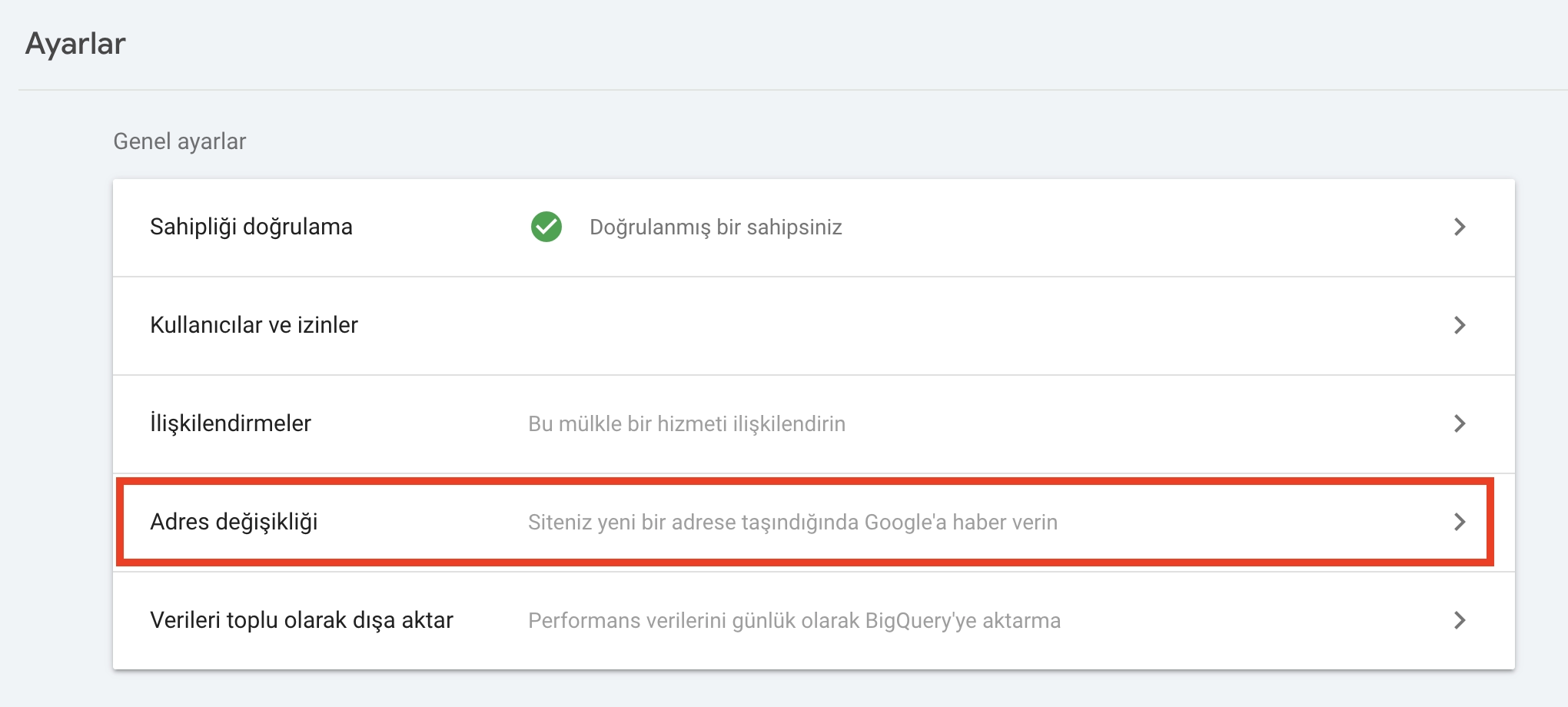 Search Console Adres Değişikliği