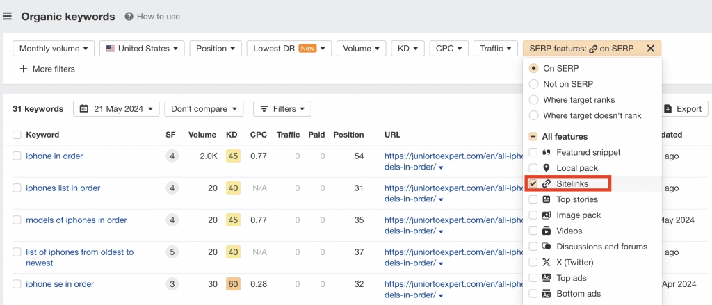 Analyze Sitelinks on Ahrefs