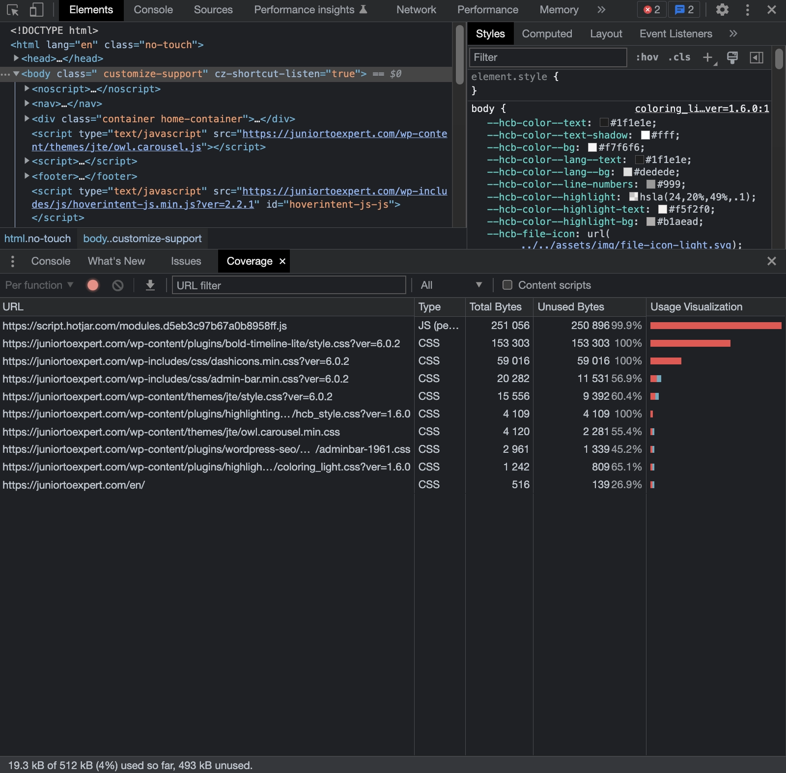 Chrome Devtools Unused Bytes