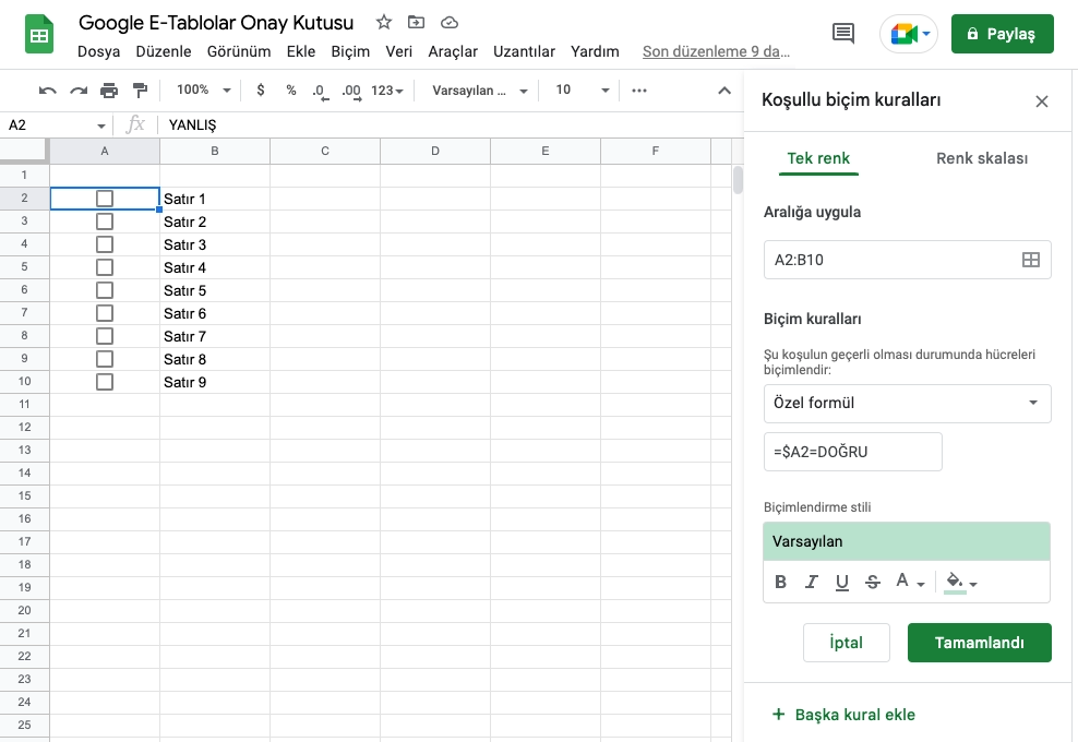 Google Tablolar Koşullu Biçimlendirme Kuralları