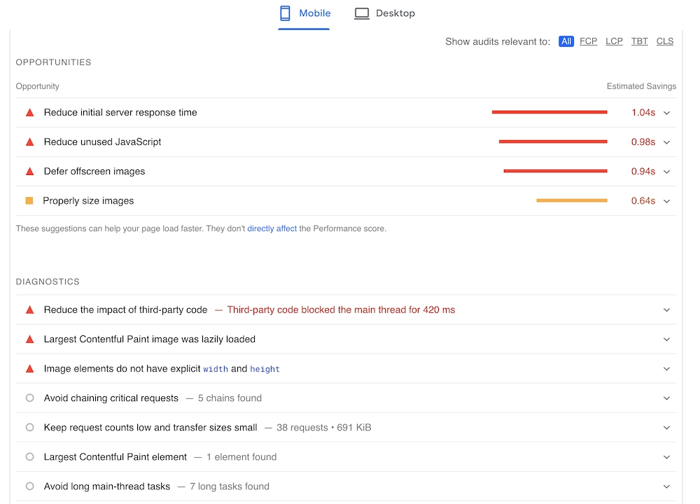 PageSpeed Insights Opportunities