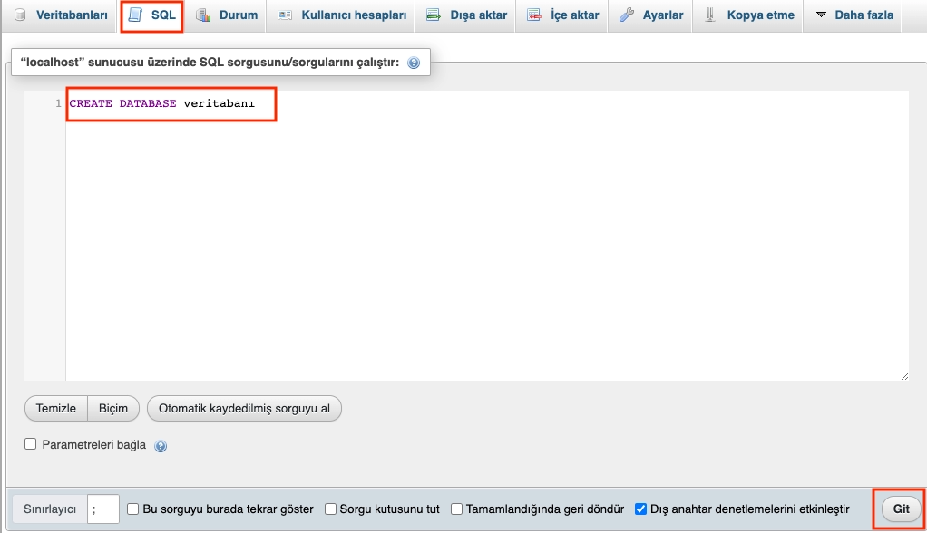 phpMyAdmin Veritabanı Oluşturma