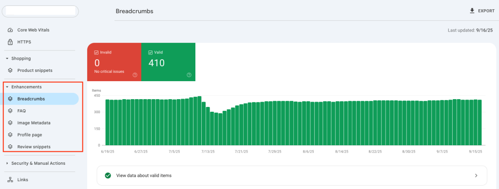 Search Console Enhancements Report