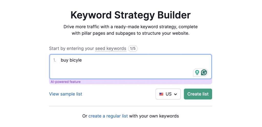 SEMRush keyword strategy builder starting page