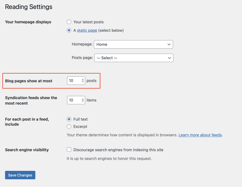 WordPress Reading Settings